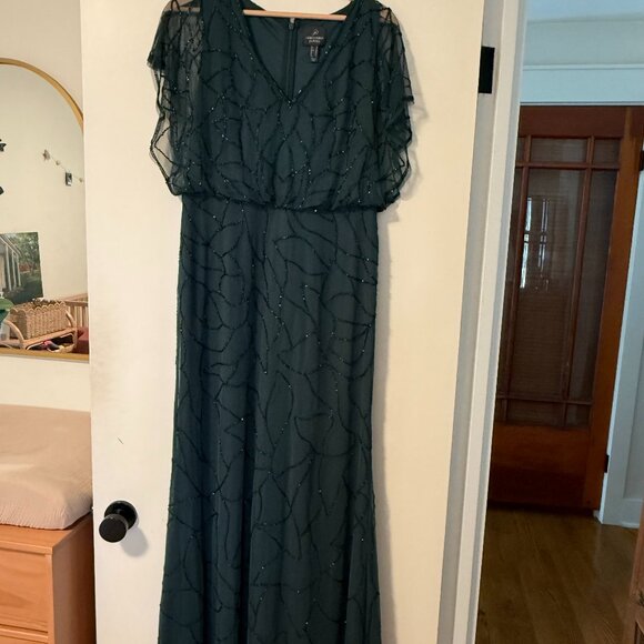 Adrianna Papell Emerald Green Beaded Blouson Sleeve Evening Gown Maxi Dress - Picture 2 of 12